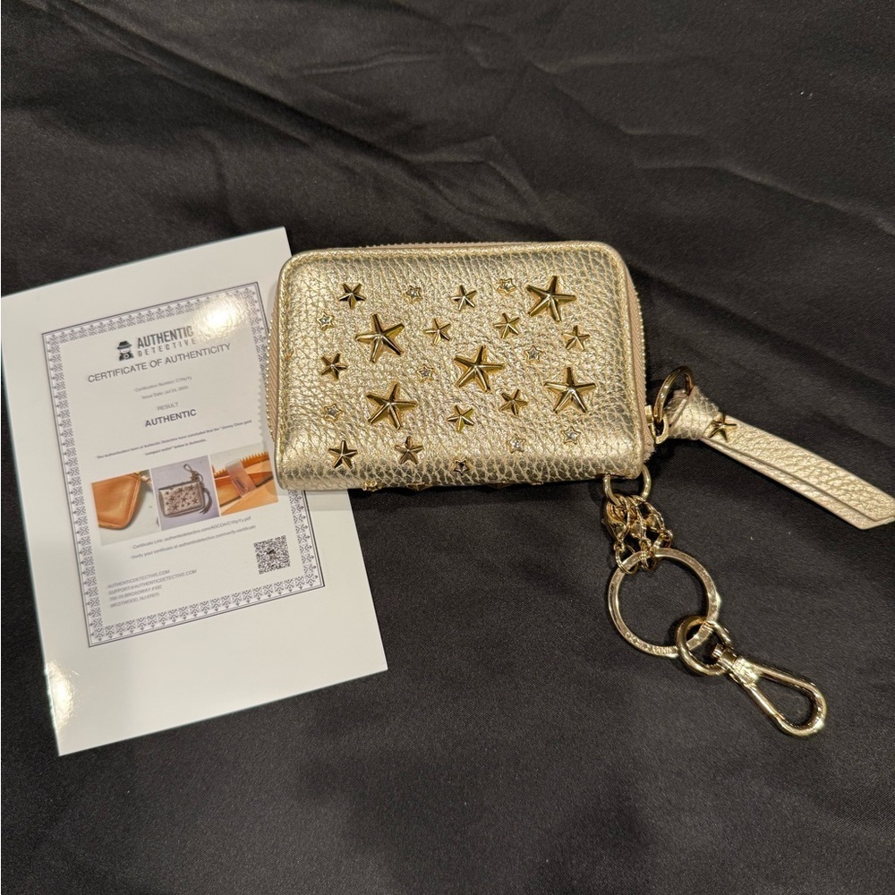 Jimmy Choo Gold Metallic Star Studded Key Holder Wallet with COA
